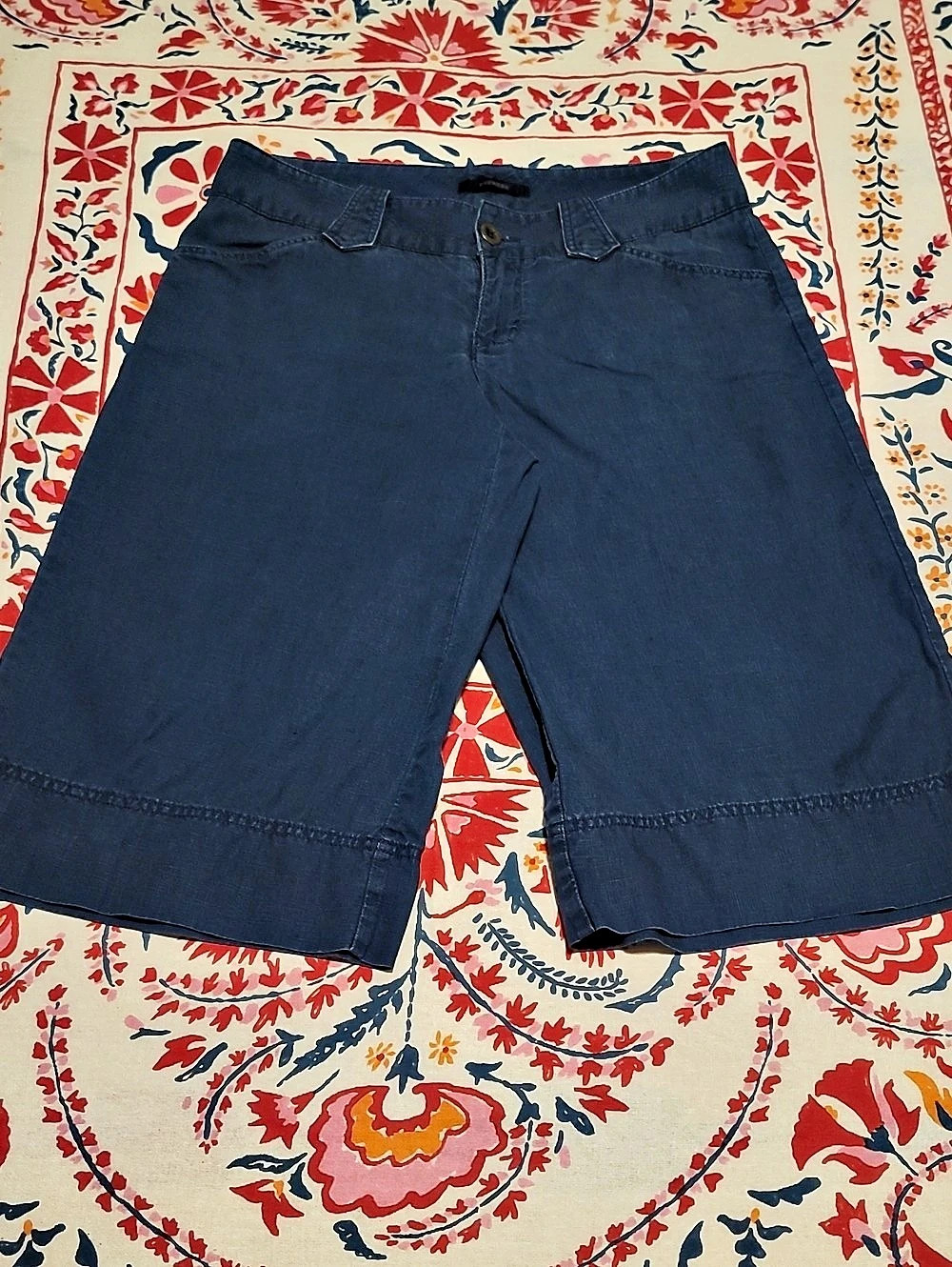 EXPRESS Linen Boho Bermuda Goucho Knicker Wide Leg Hippie Shorts in Indigo Blue